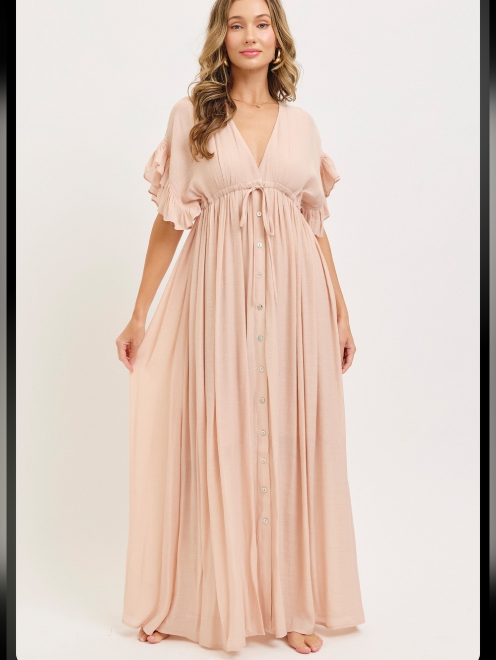 174 | Bohemian Ruffle Sleeve Button Front Maxi - Nude Beige